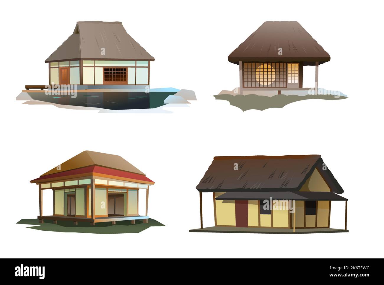 Ensemble de maison japonaise traditionnelle. Logement rural avec toit de chaume. vecteur d'illustration Illustration de Vecteur