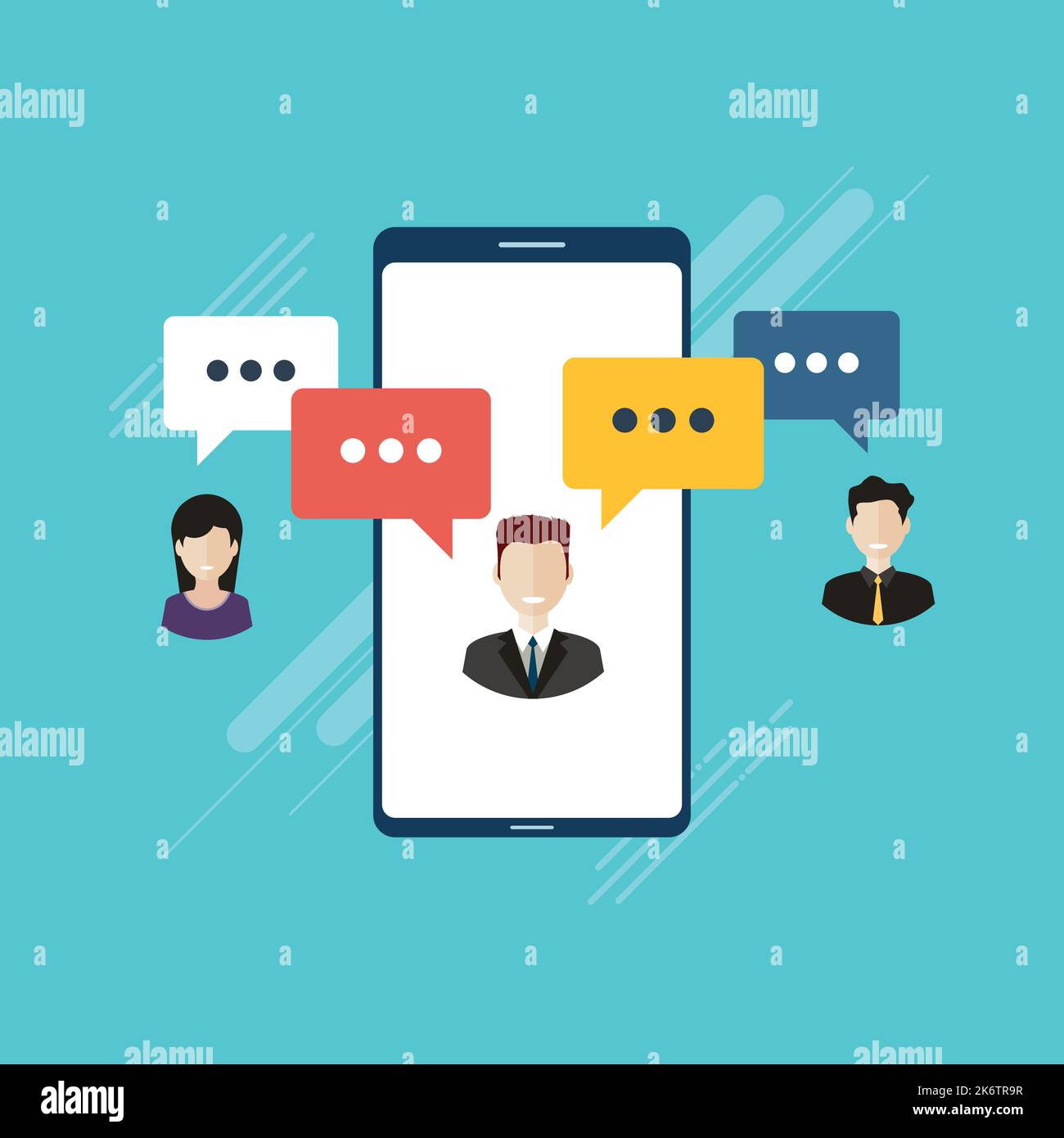 Les personnes qui sont en train de discuter sur leur téléphone mobile ou leur smartphone dans l'application de messagerie, discutent avec des bulles vocales. Concept de messagerie en ligne par téléphone portable, médias sociaux. Jeu d'icônes Illustration de Vecteur