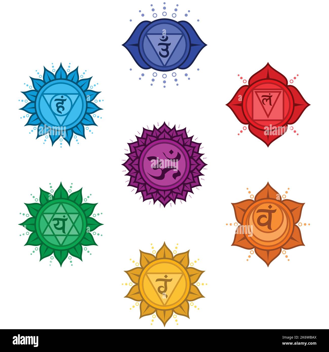 Conception vectorielle du centre d'énergie des sept chakra, symbole de la doctrine hindouiste qui montre les sept chakras du corps humain, avec leur c respectif Illustration de Vecteur