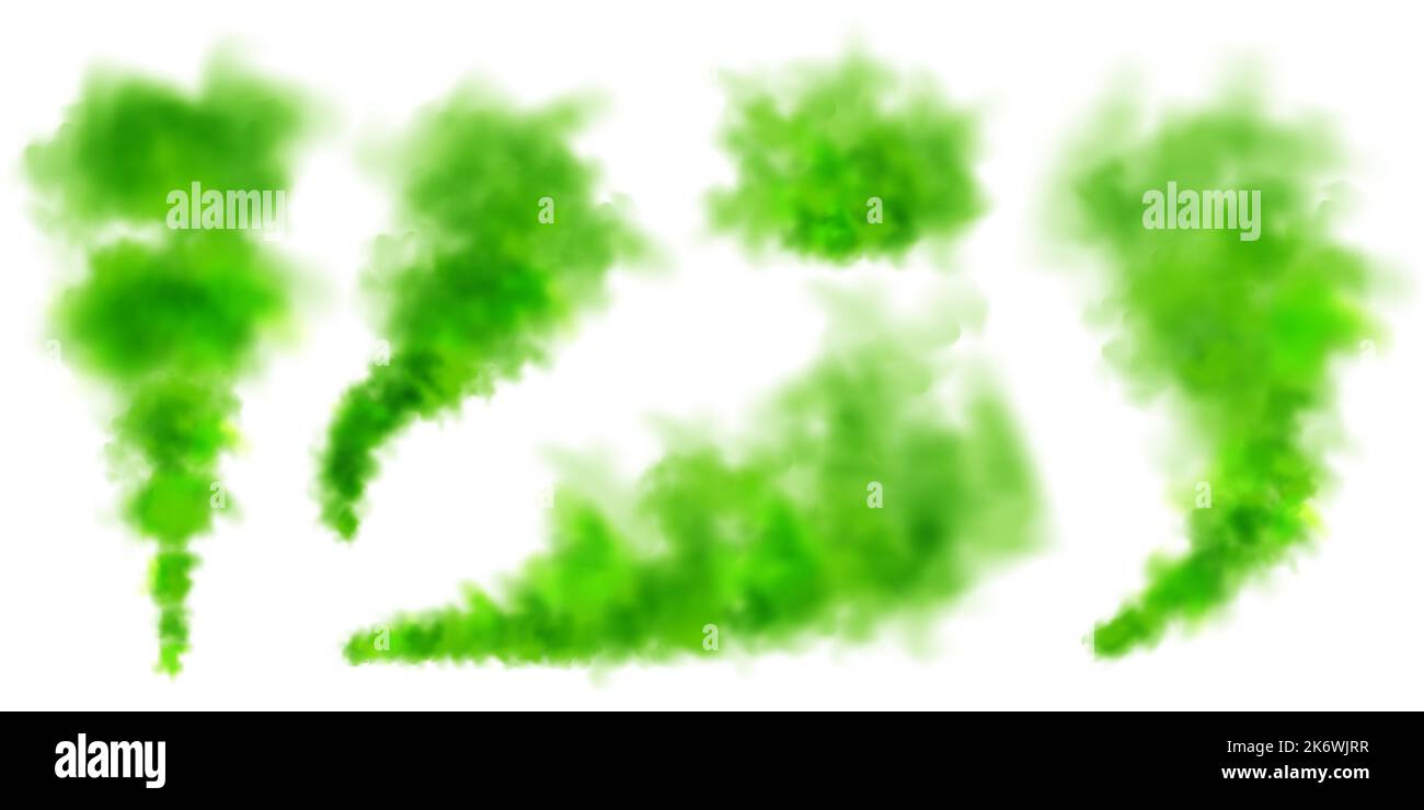 Nuages de fumée colorés verts isolés sur fond blanc, effet de brume réaliste, brouillard. Vapeur dans l'air, débit de vapeur. Illustration vectorielle Illustration de Vecteur