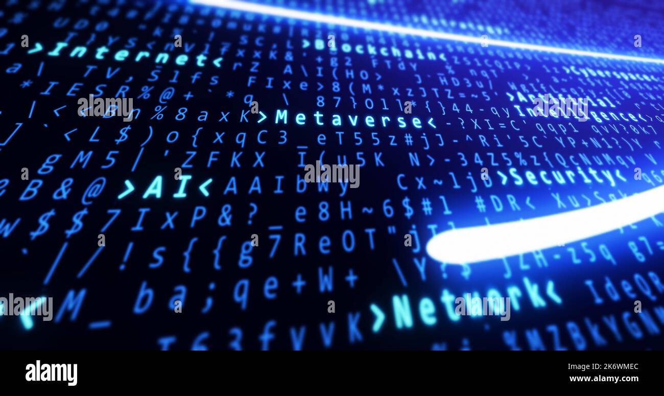 Code binaire avec intelligence artificielle, chaîne de blocs, Internet, métaverse, mise en évidence de texte réseau et de sécurité et lignes de lumière se connectant. Tech Banque D'Images