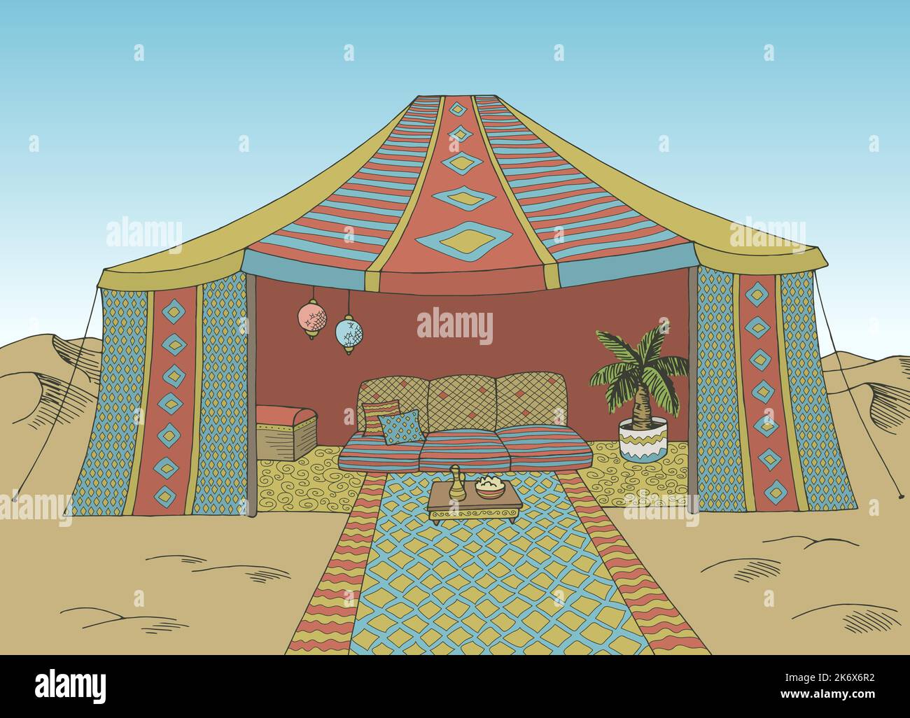 Desert tente graphique couleur paysage dessin illustration vecteur Illustration de Vecteur