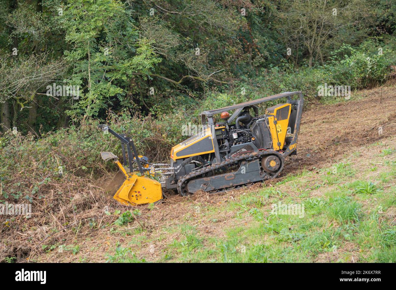 Robocut, tondeuse à chenilles à commande à distance, coupe dans les champs, Carmarthenshire, pays de Galles, Royaume-Uni Banque D'Images