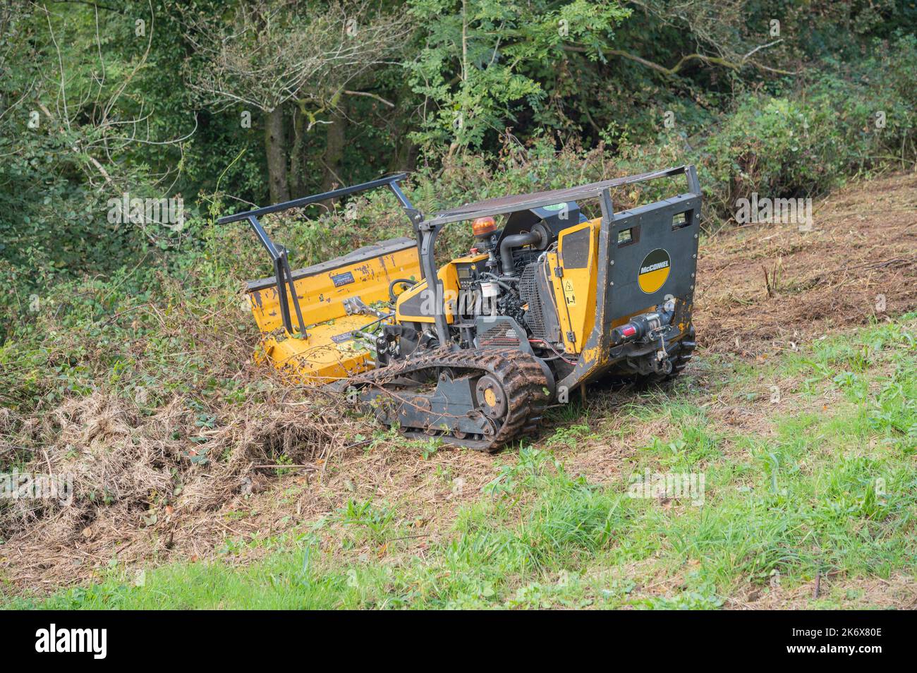Robocut, tondeuse à chenilles à commande à distance, coupe dans les champs, Carmarthenshire, pays de Galles, Royaume-Uni Banque D'Images