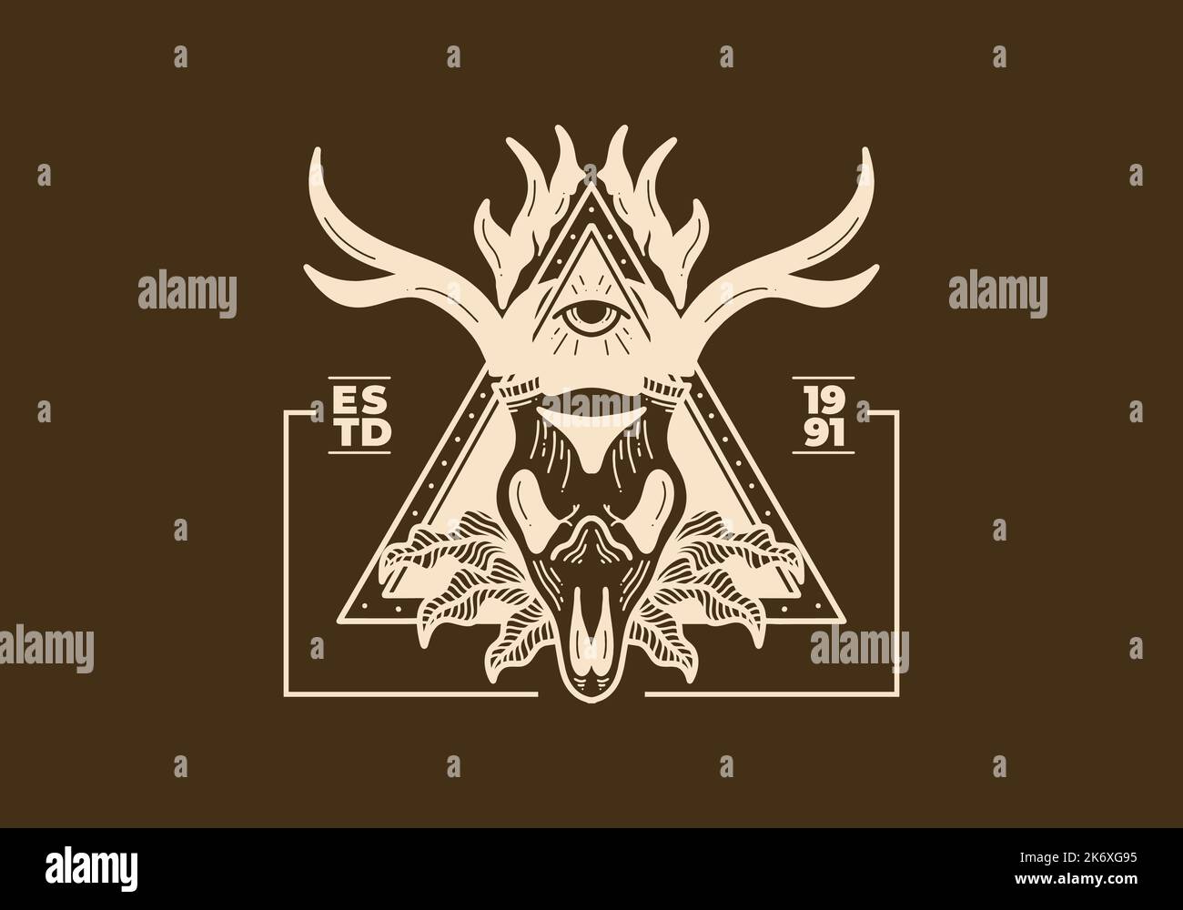 Motif vintage représentant un crâne de cerf sur un cadre triangulaire Illustration de Vecteur