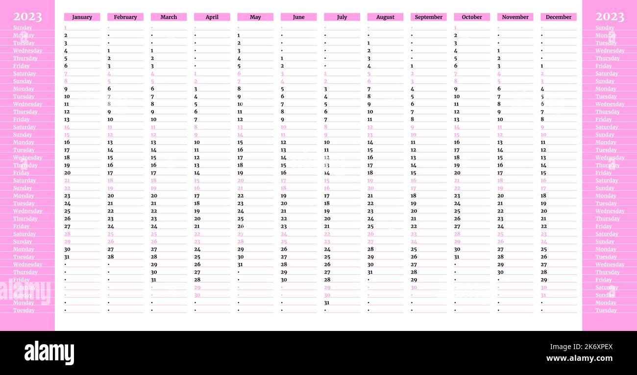 Modèle de calendrier linéaire rose simple pour 2023 avec grille mensuelle  verticale et week-ends mis en évidence Image Vectorielle Stock - Alamy