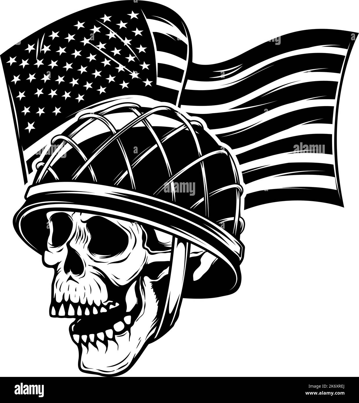 Crâne dans un casque militaire sur fond de drapeau américain. Crâne du soldat. Élément de conception pour affiche, carte, bannière, affiche. Illustration vectorielle Illustration de Vecteur