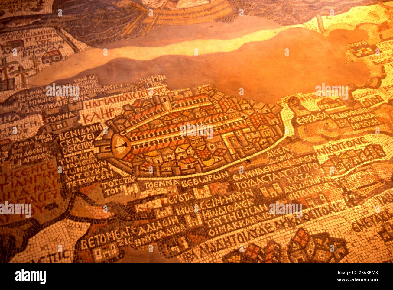 Carte en mosaïque du sixième siècle de la terre sainte, église St George, Madaba, Mont Nebo, Jordanie Banque D'Images