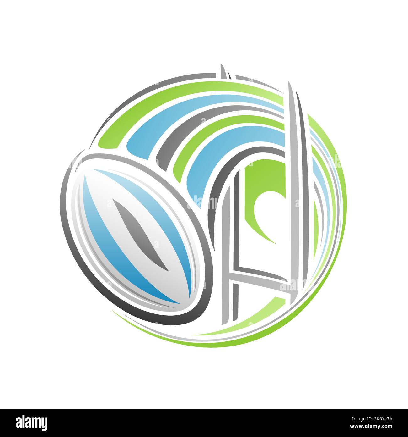 Logo Vector pour Rugby Sport, emblème moderne isolé avec illustration du ballon de rugby volant au-dessus du terrain de jeu dans les sports de ligne décoratifs de but Illustration de Vecteur