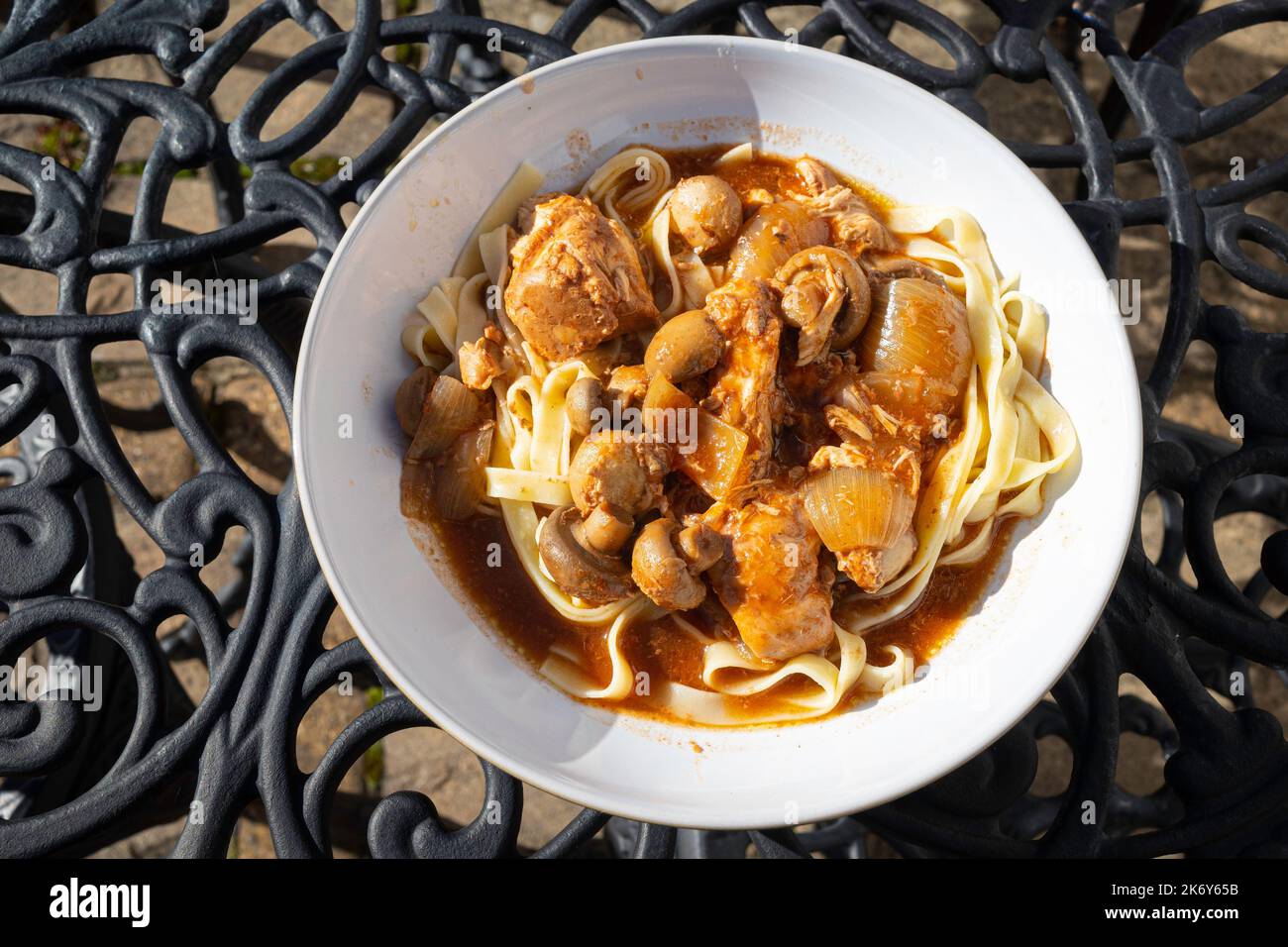 Cocotte de champignons de poulet et d'oignons cuite dans une mijoteuse avec des pâtes sur une table extérieure en métal noir servie sous le soleil d'automne Banque D'Images