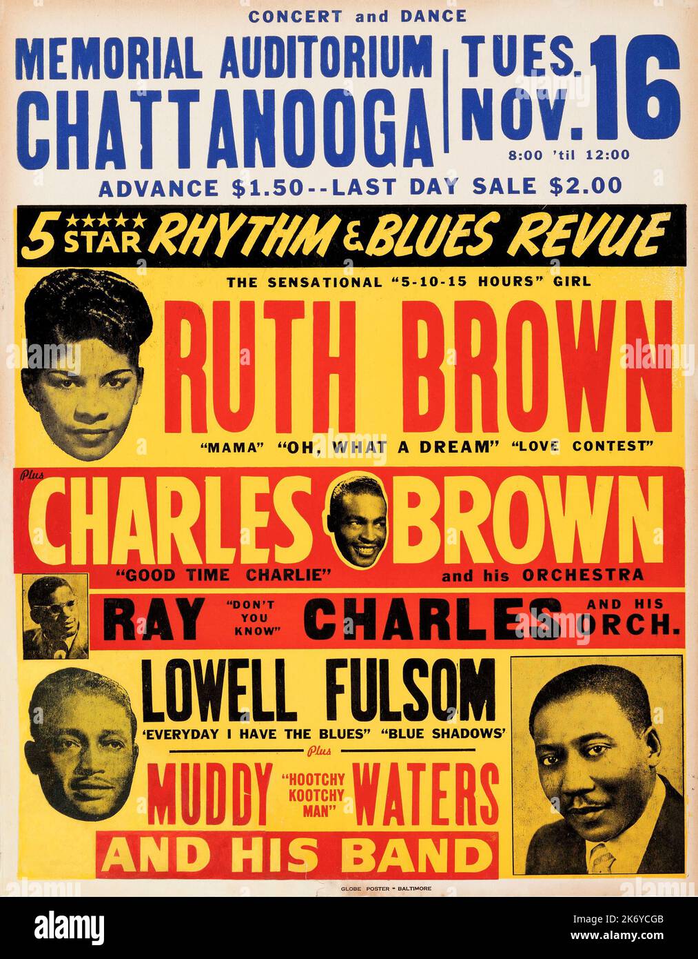 Muddy Waters, Ray Charles, Ruth Brown 1954 R&B Revue concert Poster Banque D'Images