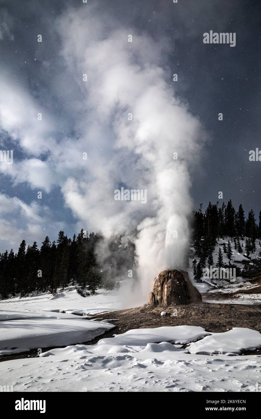 WY05090-00..... WYOMING - Lone Star Geyser qui éclate lors d'une journée hivernale agite, parc national de Yellowstone. Banque D'Images