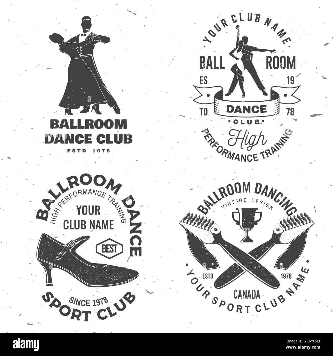 Ensemble de logos de club de sport de danse de salle de bal, motif badges. Concept pour chemise ou logo, imprimé, timbre ou tee-shirt. Autocollant pour le sport de danse avec chaussures pour la salle de bal Illustration de Vecteur