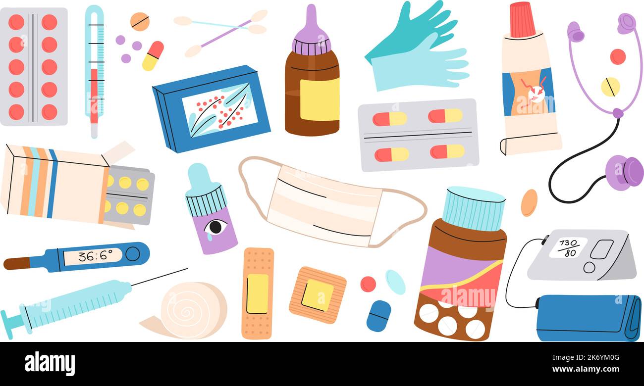 Équipement médical et pilules. Thermomètre d'hôpital, outils de médecine de la santé pour le traitement. Flacons et comprimés de pharmacie, antibiotiques vecteur décent Illustration de Vecteur