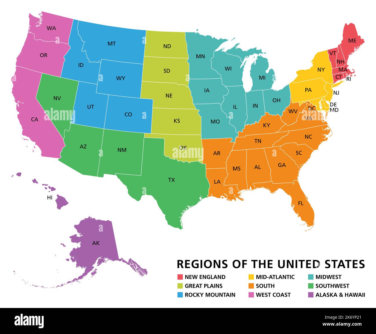 Carte des régions des États-Unis. Nouvelle-Angleterre, grandes Plaines, montagnes Rocheuses, Mid Atlantic, Sud, Côte ouest, Midwest, sud-ouest, Alaska et Hawaï. Banque D'Images