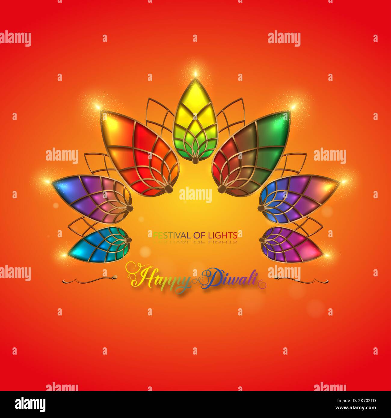 Happy Diwali Festival of Lights India Celebration modèle coloré. Bannière graphique des lampes à huile Indian Lotus Diya, couleurs de conception moderne Illustration de Vecteur