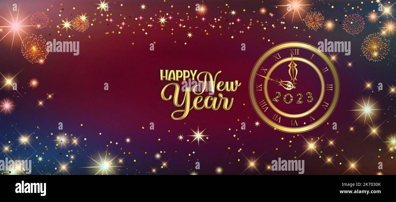 Carte de vœux du nouvel an 2023 avec feux de bokeh, feux d'artifice et