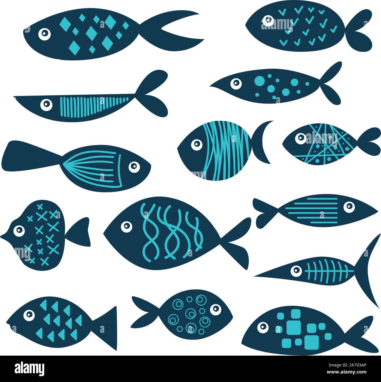 Un ensemble de poissons différents, inhabituels, lumineux. Motif pour textiles. Illustration vectorielle dessinée à la main. Monde sous-marin. Style de contour de dessin animé, coloris bleus Illustration de Vecteur