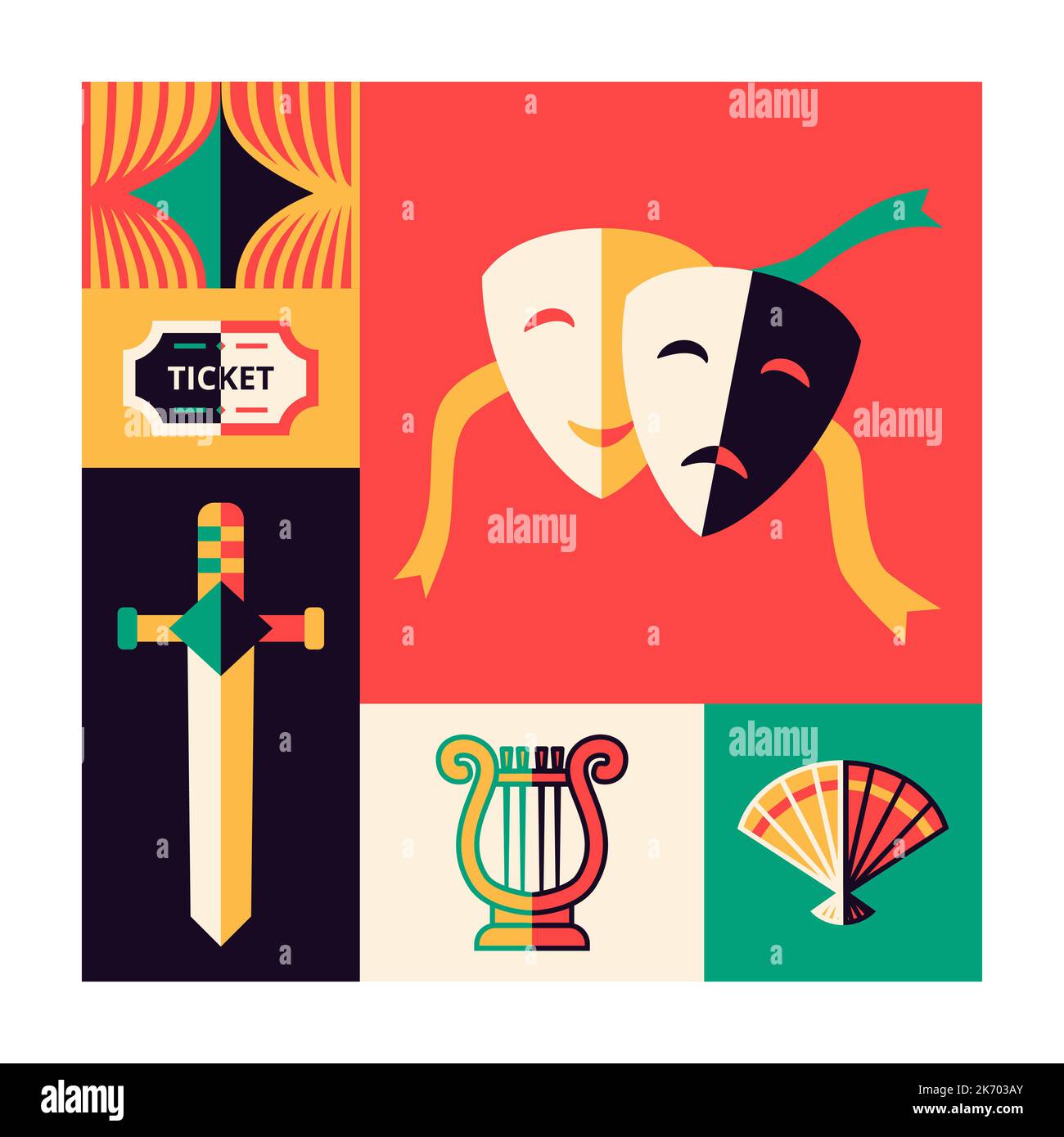 Symboles à plat couleur cinéma Illustration de Vecteur