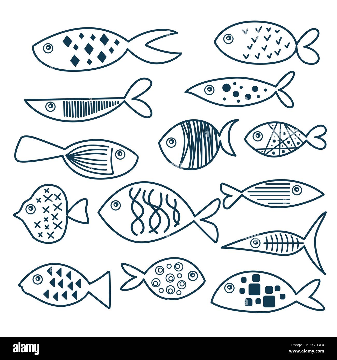 Un ensemble de poissons différents, inhabituels, lumineux. Motif pour textiles. Illustration vectorielle dessinée à la main. Monde sous-marin. Style de contour de dessin animé. Illustration de Vecteur