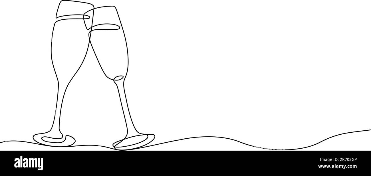 Deux verres à champagne clinking avec motif une ligne. Verre à vin pétillant créatif, banderole vectorielle à lignes continues. Design pour fête, anniversaire Illustration de Vecteur