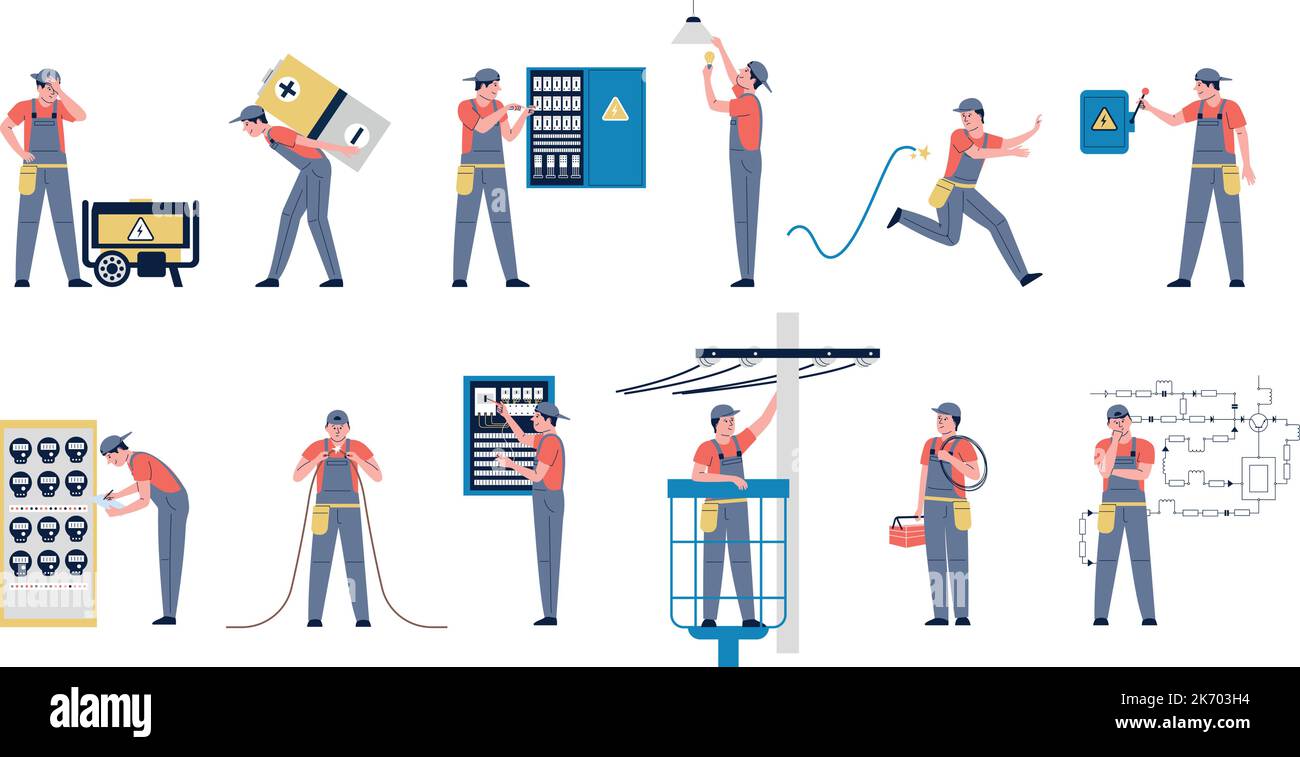 Les travailleurs de l'électricité travaillent avec des transformateurs, des objets énergétiques d'entretien. Sécurité électrique, technicien électricien et alimentation. Service récent Illustration de Vecteur