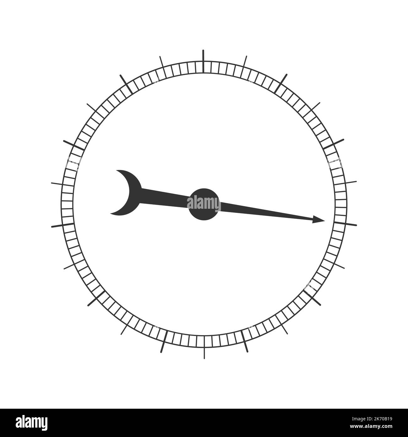 Échelle de mesure circulaire graphique avec flèche. Modèle de manomètre, baromètre, boussole, appareil de mesure de pression, navigation ou outil météorologique isolé sur fond blanc. Illustration vectorielle Illustration de Vecteur
