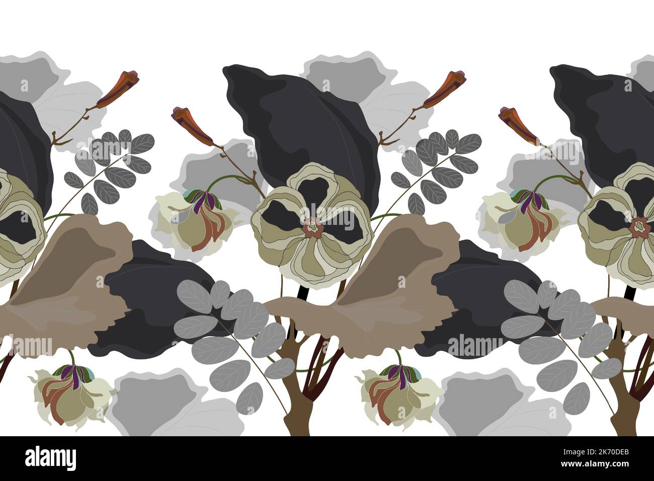 Motif fleuri vectoriel sans couture, bordure. Design horizontal panoramique avec fleurs vert clair et feuilles noires et grises sur fond blanc. Illustration de Vecteur