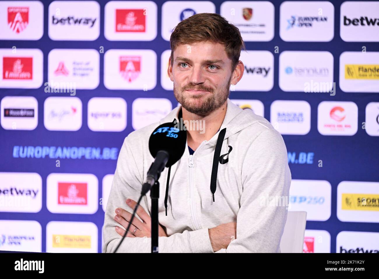 David Goffin belge photographié lors d'une conférence de presse au tournoi ATP européen Open de tennis, à Anvers, dimanche 16 octobre 2022. BELGA PHOTO LAURIE DIEFFEMBACQ Banque D'Images