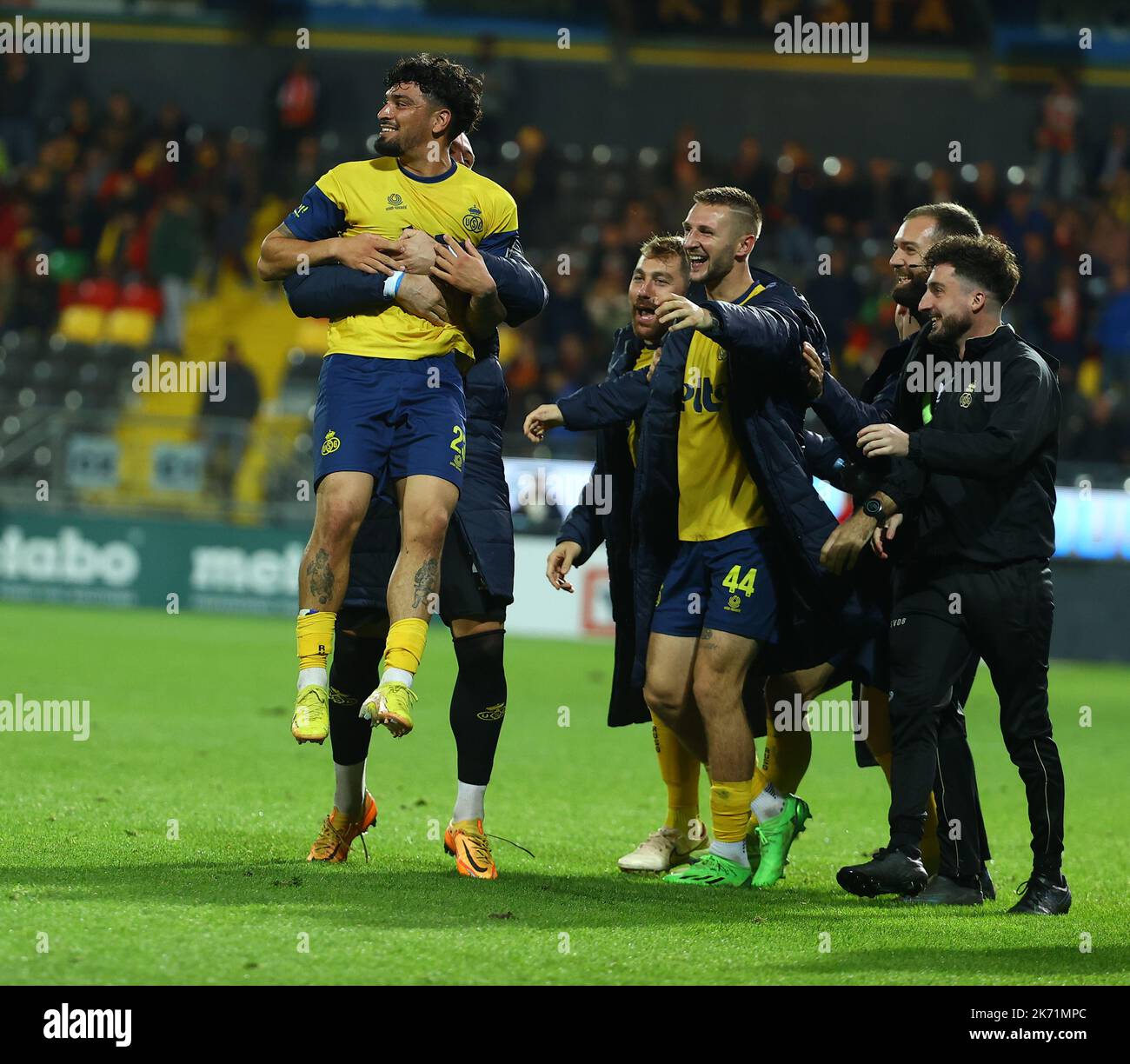 Cameron Puertas Castro de l'Union célèbre après avoir marqué un match de football entre KV Ostende et Royale Union Saint-Gilloise, dimanche 16 octobre 2022 à Ostende, le 12 e jour de la première division du championnat belge de la « Jupiler Pro League » 2022-2023. BELGA PHOTO DAVID PINTENS Banque D'Images
