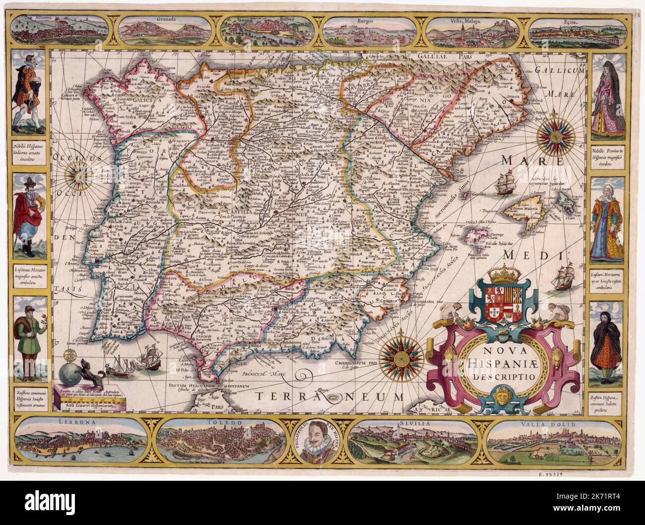 Carte illustrée vintage de l'Espagne et du Portugal avec des cartouts ca.1610 par l'imprimeur flamand Jodocus Hondius, basée sur une plaque faite par Gerardus Mercator Banque D'Images