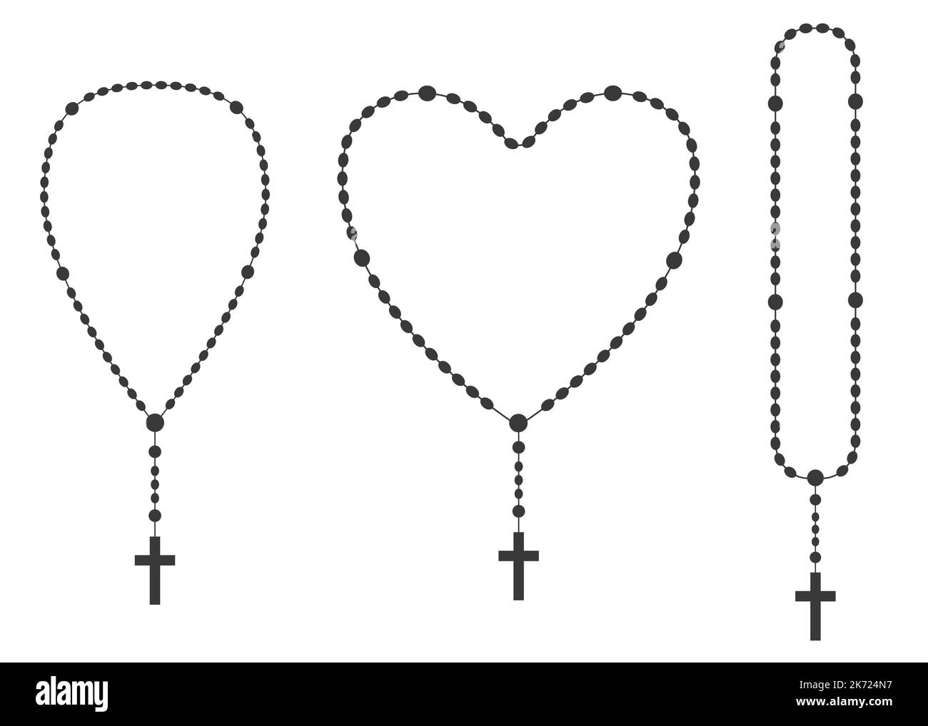 Ensemble de silhouettes Rosary perles. Bijoux en forme de coeur de prière pour la méditation. Chapelet catholique avec croix. Symbole de religion. Illustration vectorielle. Illustration de Vecteur
