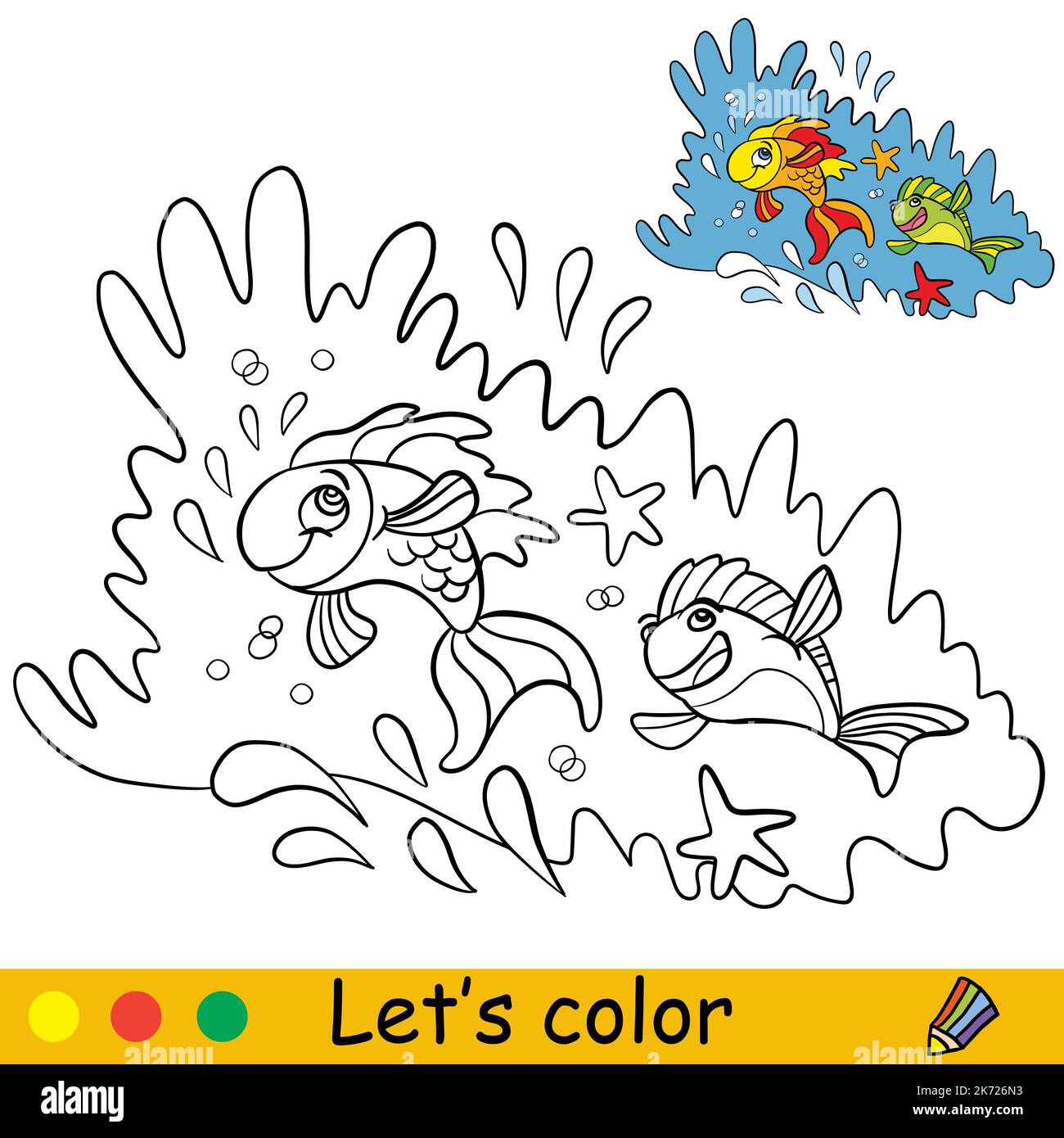 Dessin animé mignon drôle poissons tropicaux sauter hors de l'eau. Page de livre de coloriage avec modèle coloré pour les enfants. Illustration vectorielle isolée. Pour colori Illustration de Vecteur