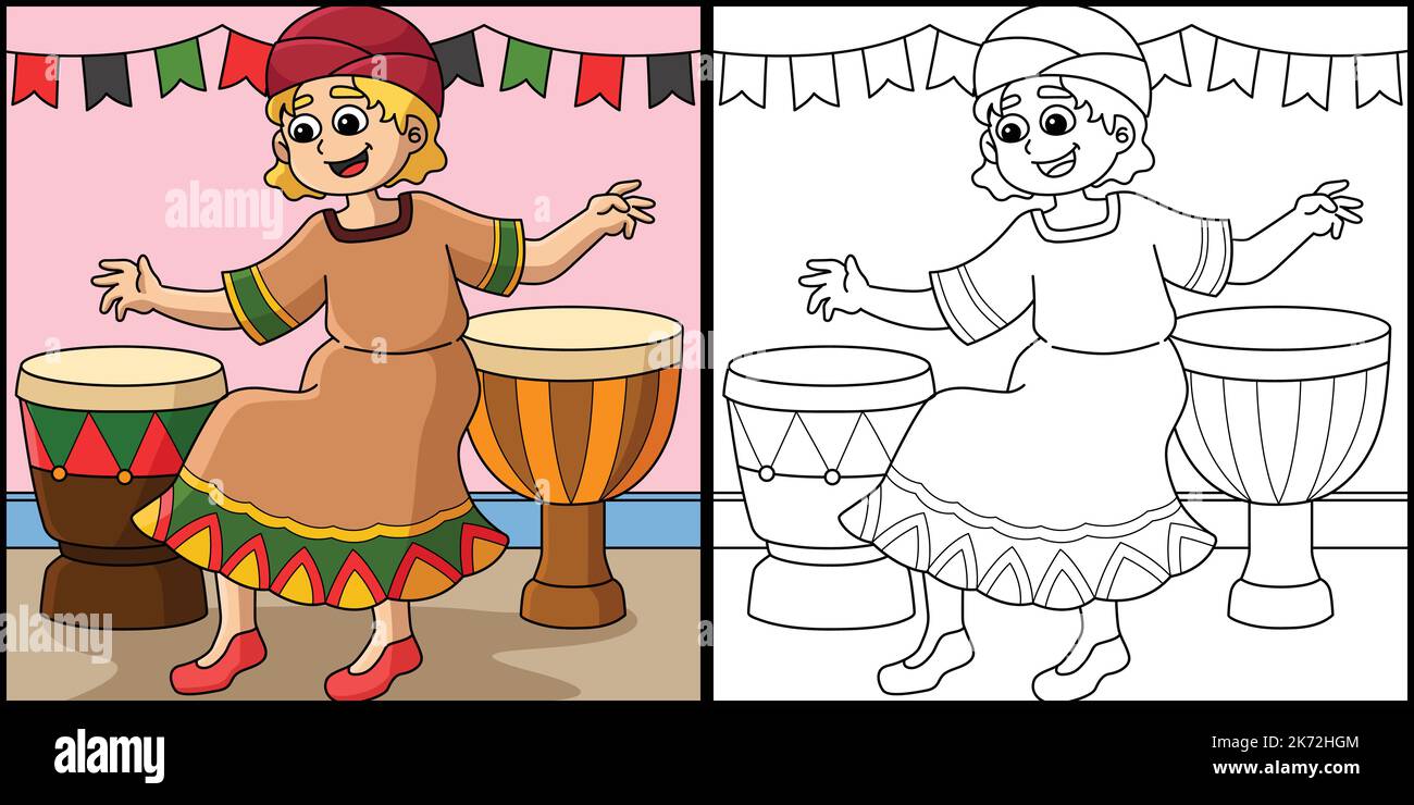 Kwanzaa Girl jouant Djembe coloriage Illustration Illustration de Vecteur