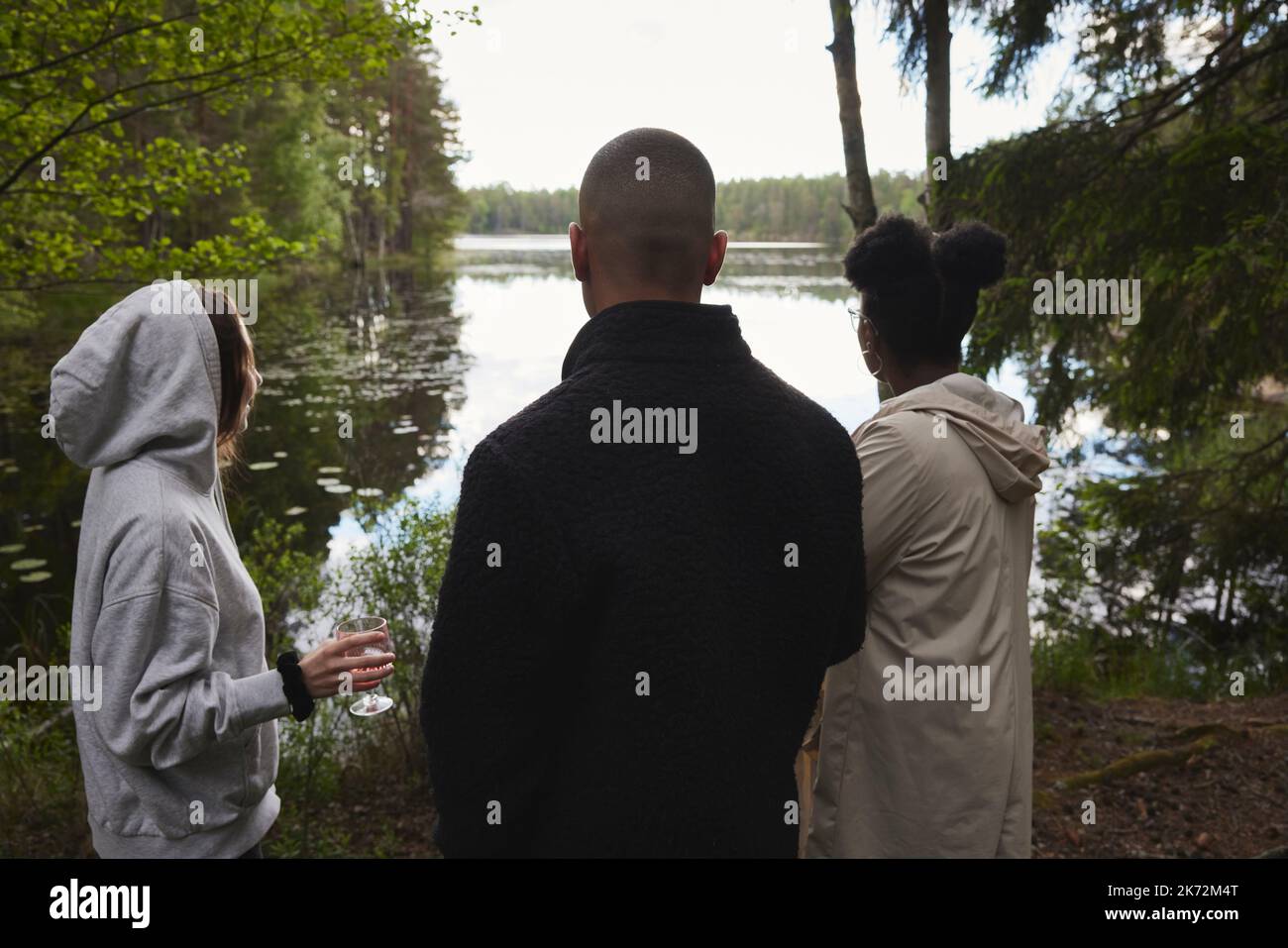 Amis regardant le lac Banque D'Images