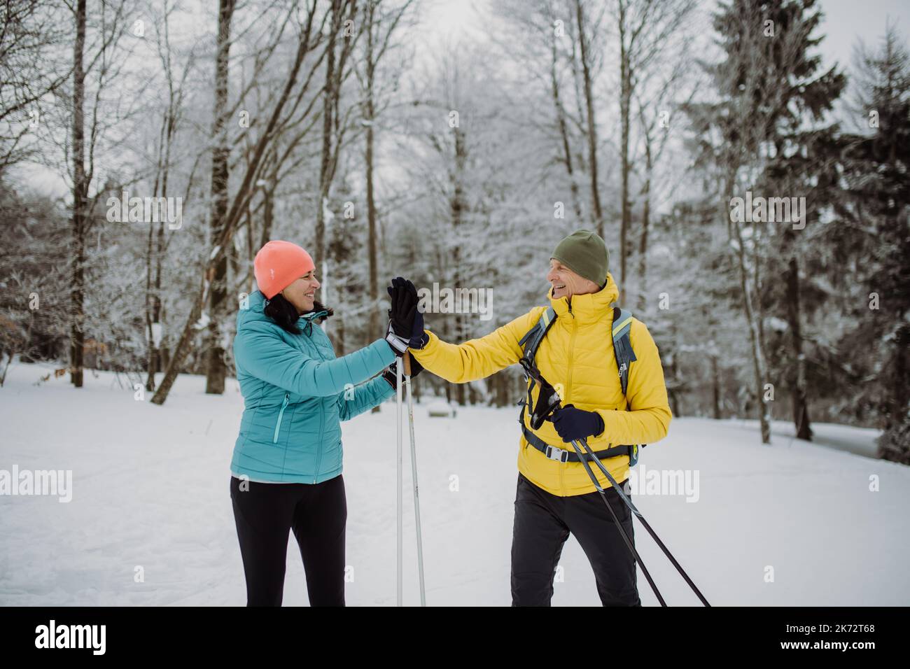 Couple senior ski ensemble au milieu de la forêt, ayant la pause donnant cinq hauts. Banque D'Images