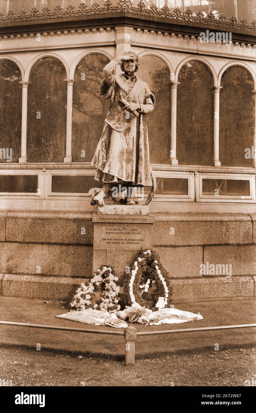 Vintage Liverpool 1970, Princes Park, Liverpool, statue de Palm House, Christophe Colomb Banque D'Images