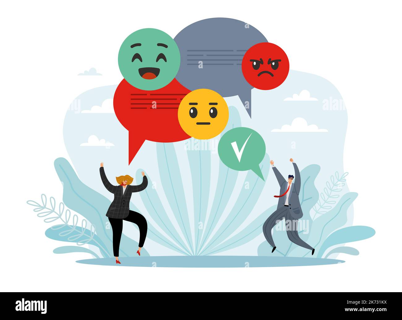 Analyse des sentiments et test écrit, reconnaissance des émotions, technologies automatisées de l'intelligence artificielle. Homme et femme heureux avec des bulles de parole et Illustration de Vecteur