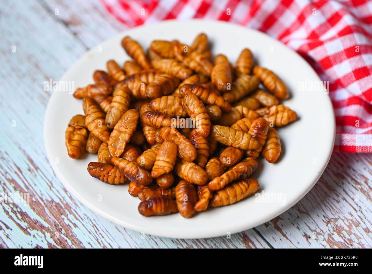 pupa sur fond d'assiette blanche, faites frire les vers de soie - pupa frit pour le ver du coléoptère alimentaire Banque D'Images