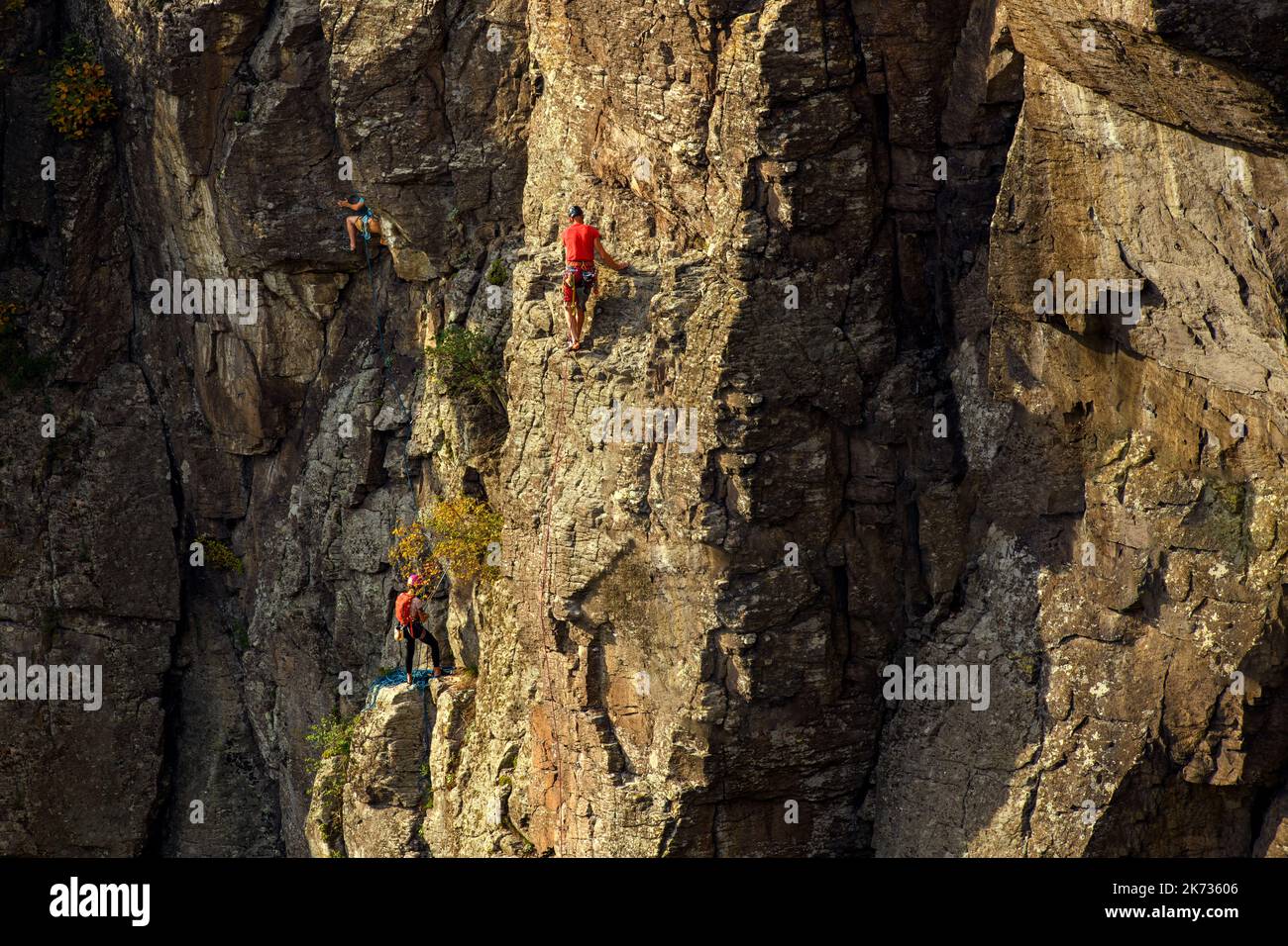 Grimpeurs de roche. Un style de vie actif, des passe-temps risqués, un arrière-plan sportif d'adrénaline dangereux. Groupe d'amis grimpant le mur de rocher de Hradok en Slovaquie. Banque D'Images