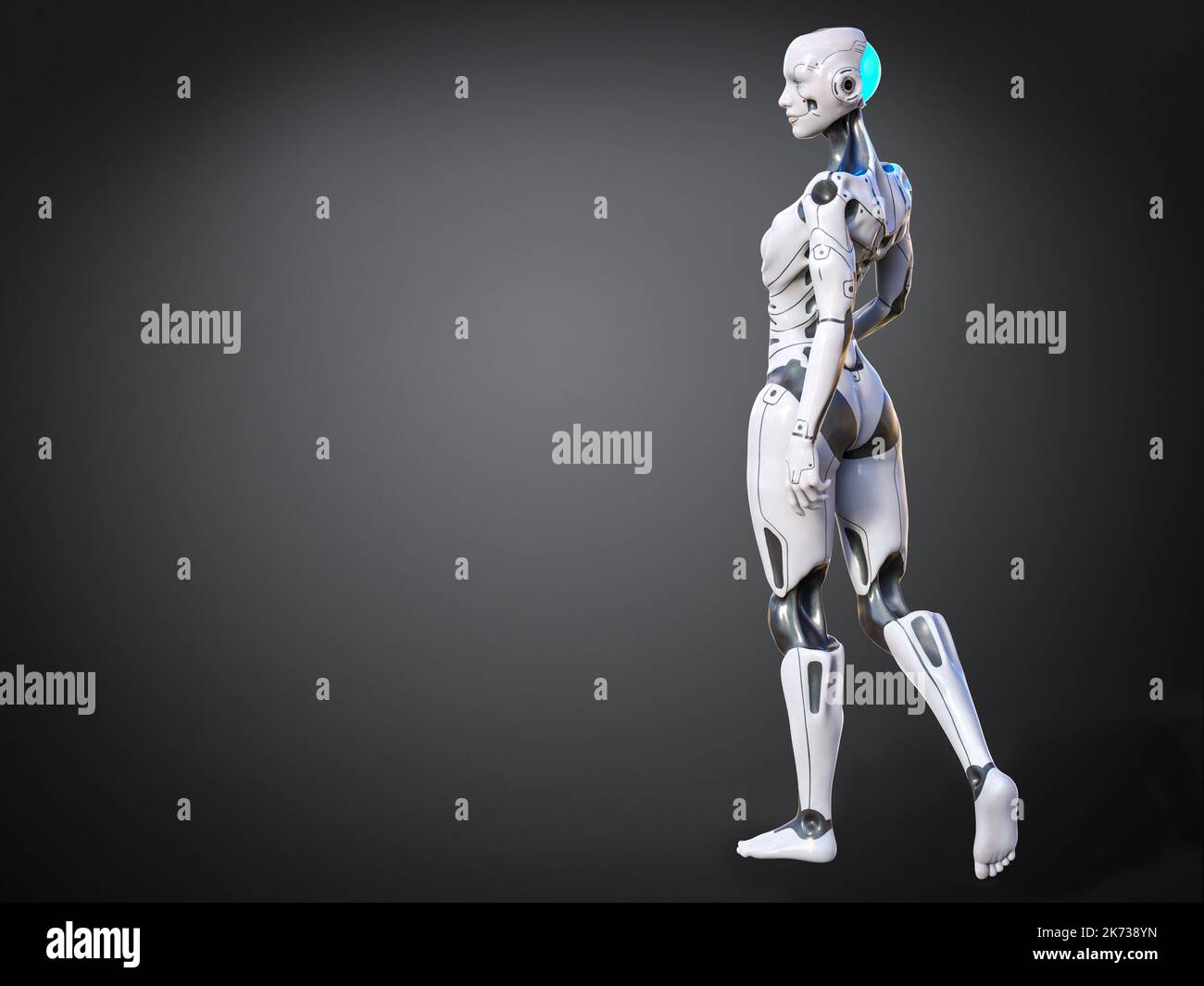 3D rendu d'une femme robot android posant avec elle dos contre l'appareil photo. Arrière-plan grisâtre. Banque D'Images