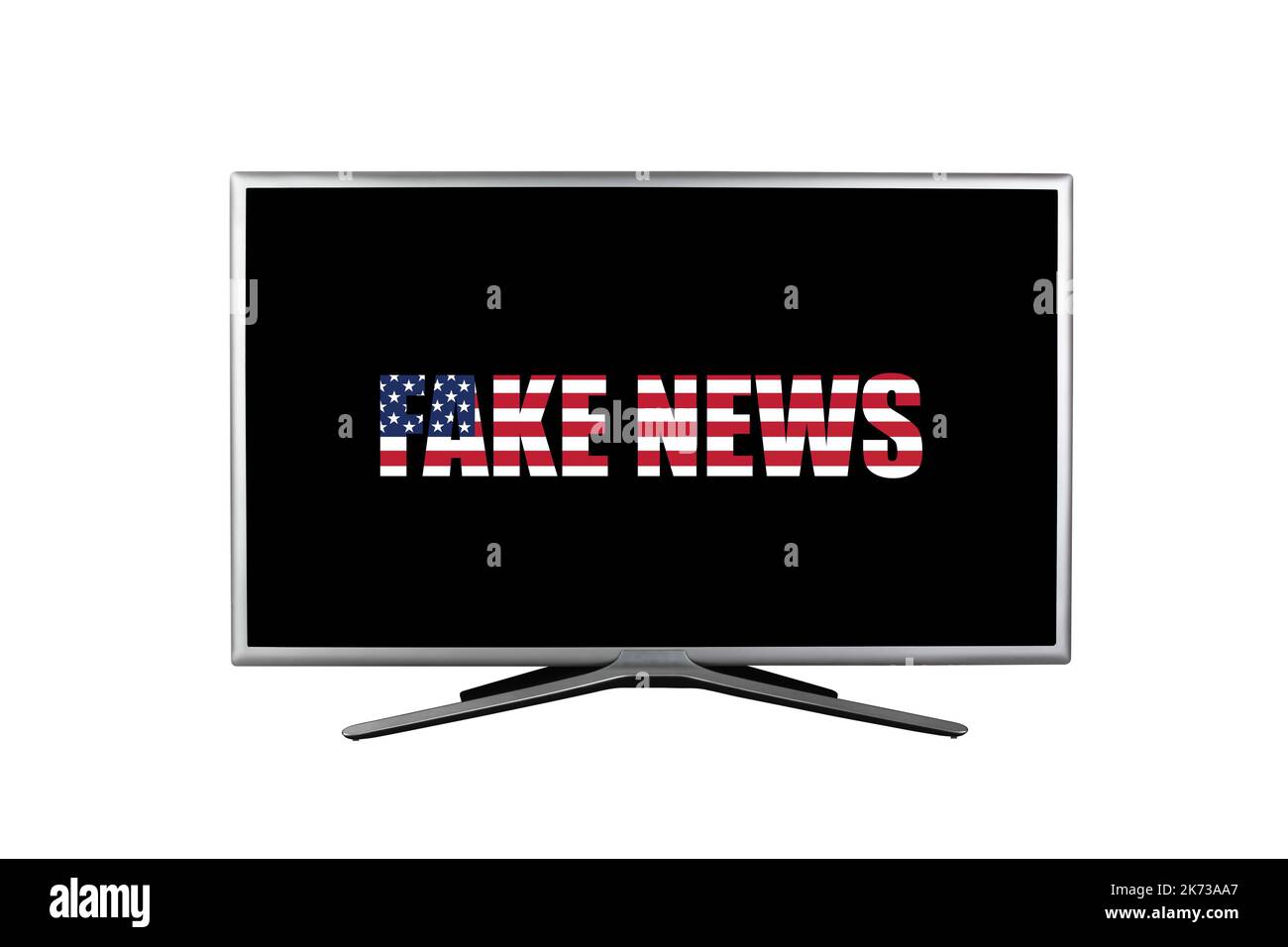 L'inscription fake news dans les couleurs du drapeau américain sur un écran de télévision noir isolé sur un fond blanc Banque D'Images