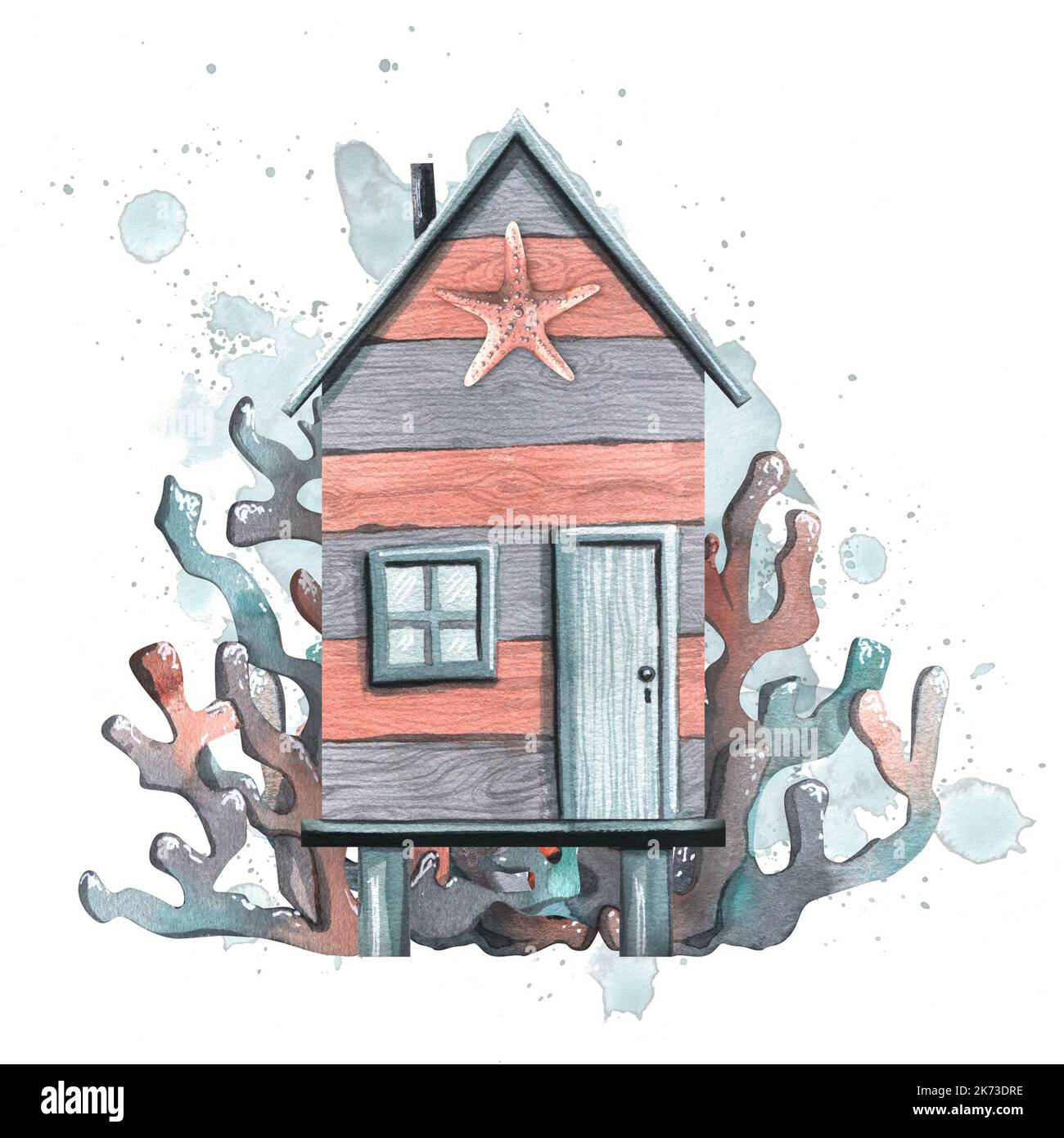 Plage, maison de pêche, rayée, en bois avec une étoile de mer et des coraux sur le fond des taches et des éclaboussures d'eau. Illustration aquarelle Banque D'Images