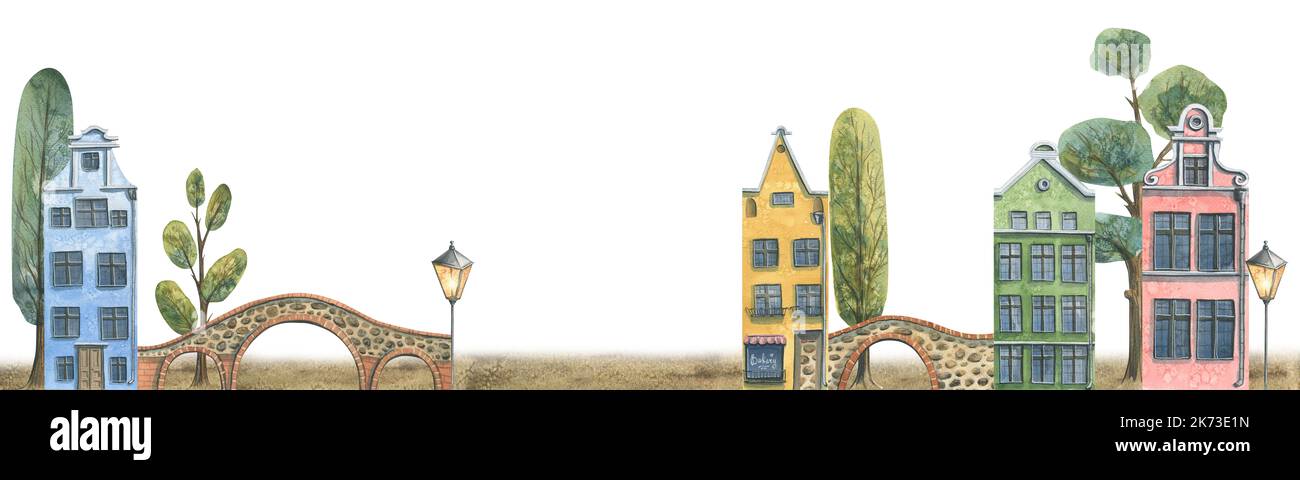 Jolies maisons européennes avec ponts et arbres. Illustration aquarelle. Une longue bannière sur fond blanc provenant d'un grand ensemble de MAISONS EUROPÉENNES. Pour le Banque D'Images