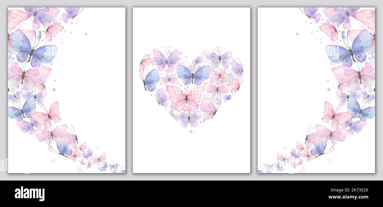 Triptyque de cadres et de coeurs avec des papillons délicats, pourpres et roses. Illustration aquarelle. Pour affiches, cartes postales, certificats, invitations Banque D'Images