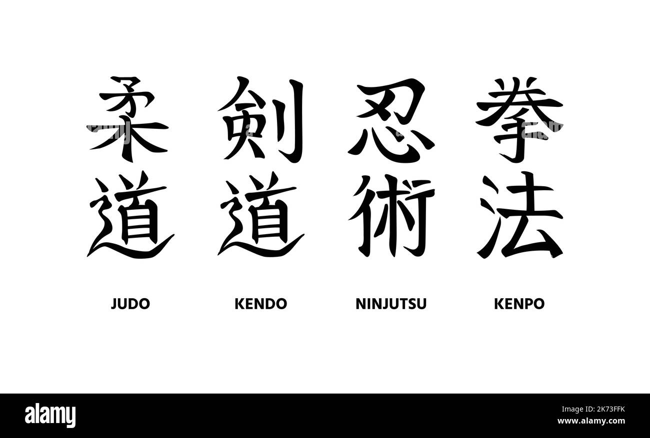 Judo, Kendo, Ninjutsu, Kenpo. Collection de noms calligraphiques modifiables des arts martiaux japonais Hiéroglyphes verticaux simples et modernes pour la broderie, l Illustration de Vecteur