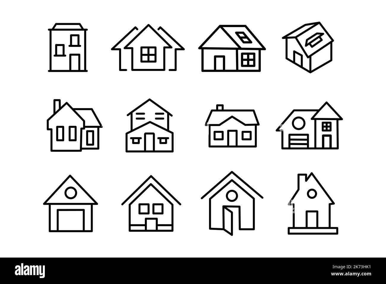 Architecture, icônes de l'avant de la maison dans le style de ligne noire plate, isolé sur fond blanc Illustration de Vecteur