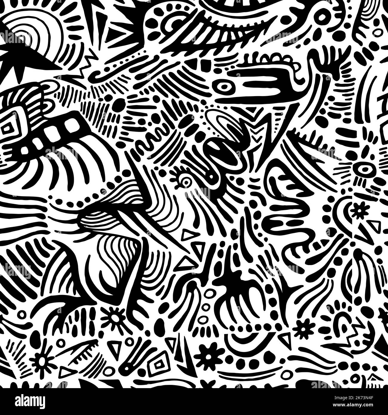 Abstrait noir ornements simples lignes, taches, fantaisie sans couture motif, isolé sur un fond blanc. Texture monochrome décorative de style « Doodle ». Illustration de Vecteur