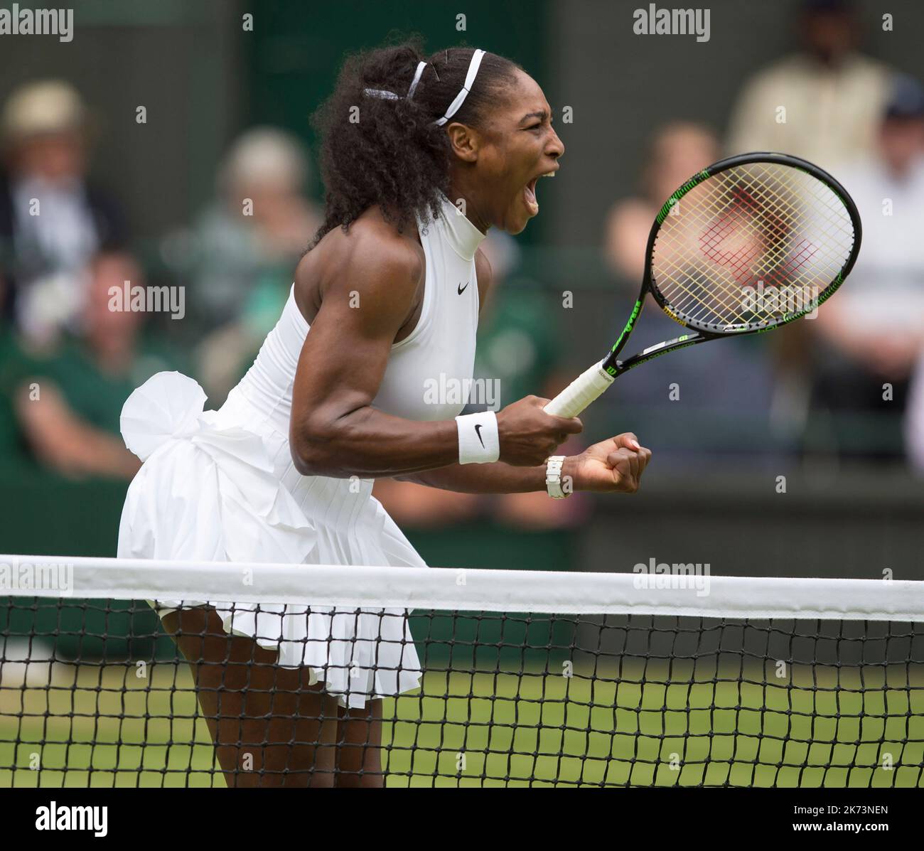 2016, Wimbledon, Center court, Women's Singles final, Serena Williams (USA) c. Angelique Curber, (GER). Serena Williams fête ses célébrations. Banque D'Images