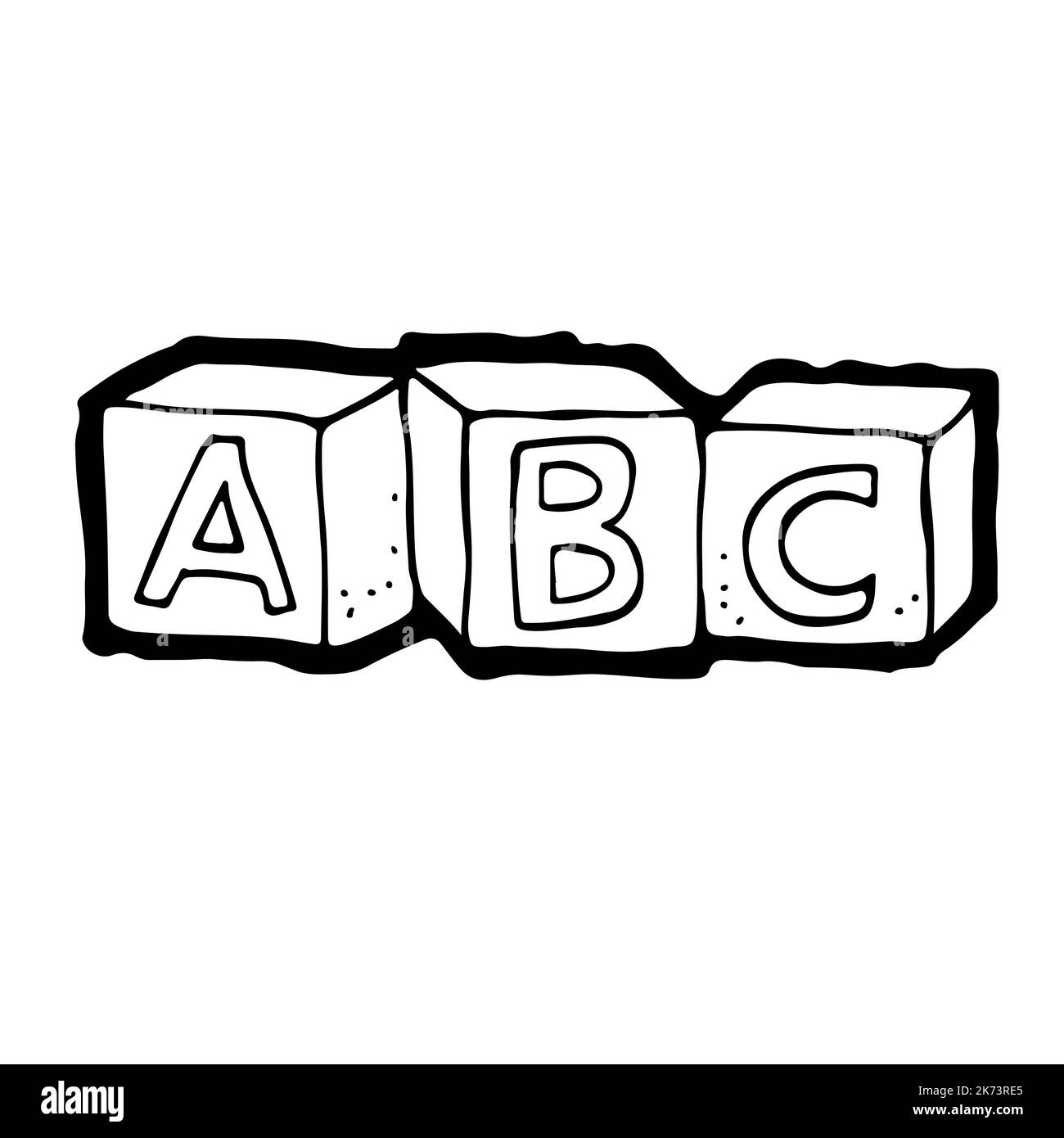 Blocs d'alphabet pour enfants, lettres cubes illustration vectorielle, dessin animé dessiné à la main isolé sur un fond blanc Illustration de Vecteur